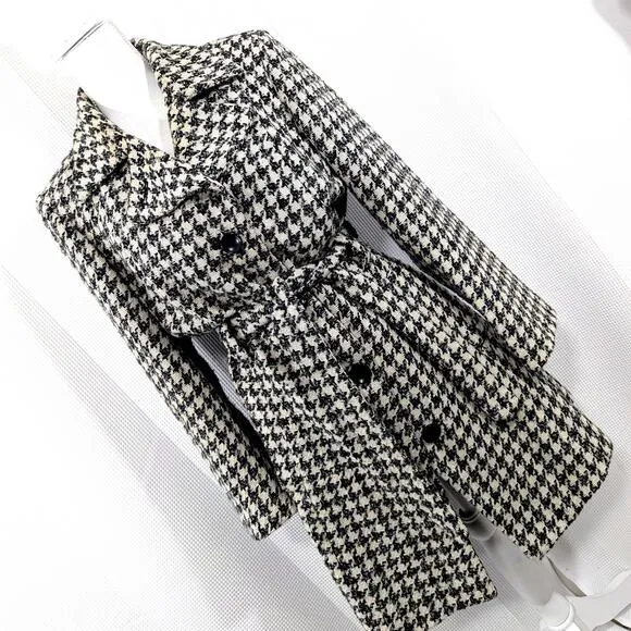 LONDONTOWNE! BLACK/CREAM NUBBY WEAVE TWEED WOOL BLEND BELTED COAT, JACKET! SZ L