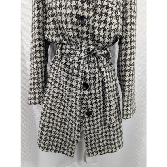 LONDONTOWNE! BLACK/CREAM NUBBY WEAVE TWEED WOOL BLEND BELTED COAT, JACKET! SZ L