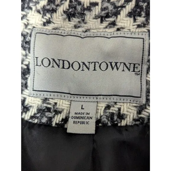 LONDONTOWNE! BLACK/CREAM NUBBY WEAVE TWEED WOOL BLEND BELTED COAT, JACKET! SZ L
