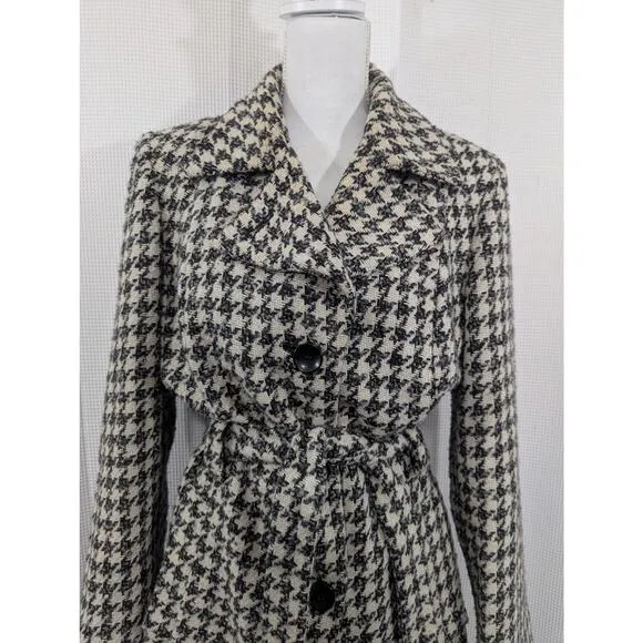 LONDONTOWNE! BLACK/CREAM NUBBY WEAVE TWEED WOOL BLEND BELTED COAT, JACKET! SZ L