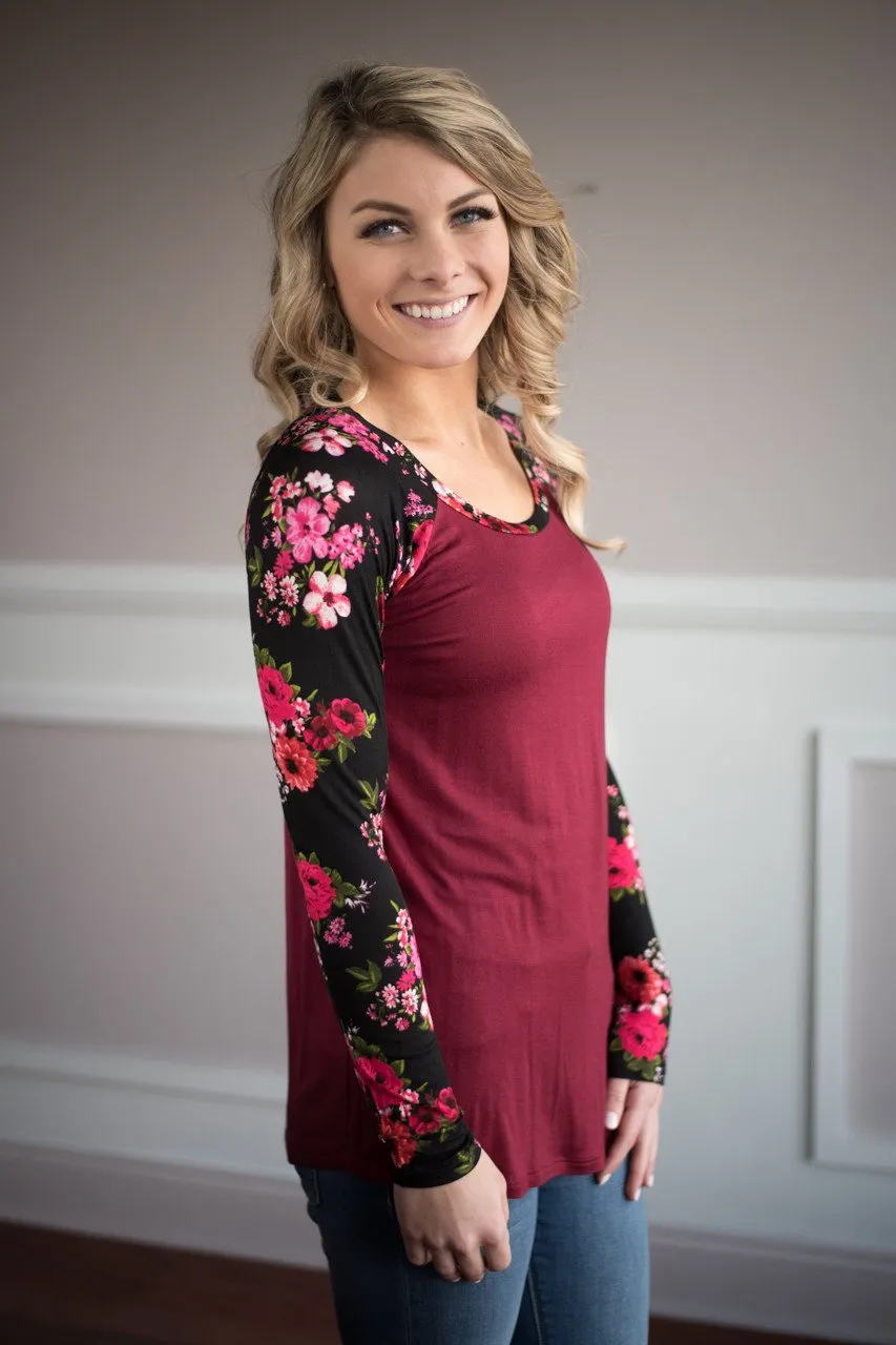 Long Sleeve Burgundy Floral Top