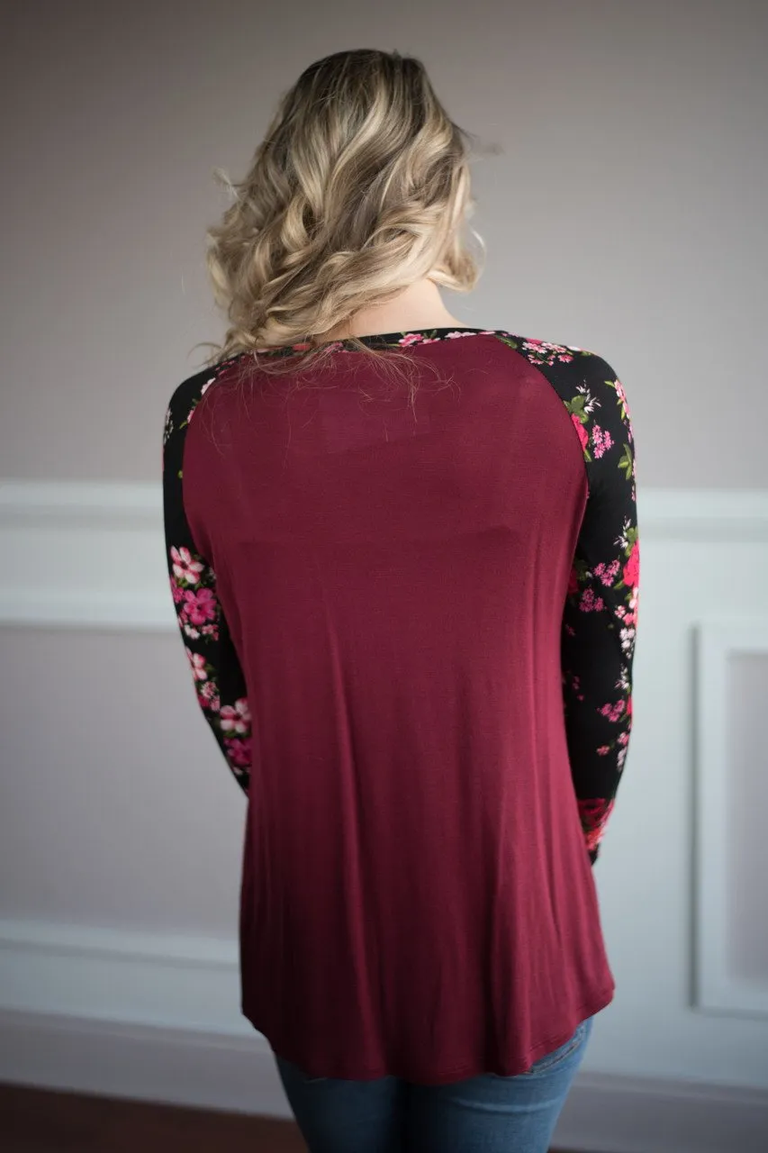 Long Sleeve Burgundy Floral Top