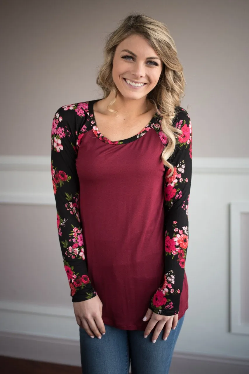 Long Sleeve Burgundy Floral Top