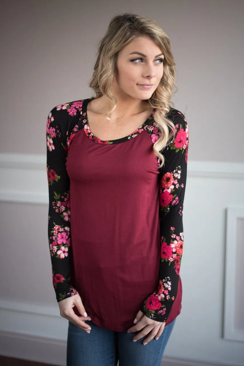 Long Sleeve Burgundy Floral Top