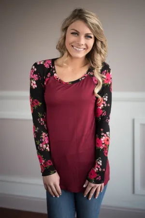 Long Sleeve Burgundy Floral Top