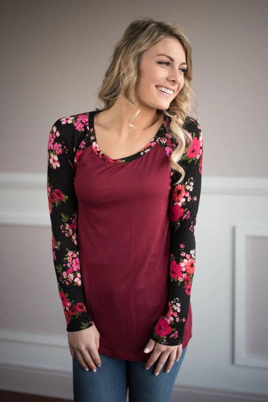 Long Sleeve Burgundy Floral Top
