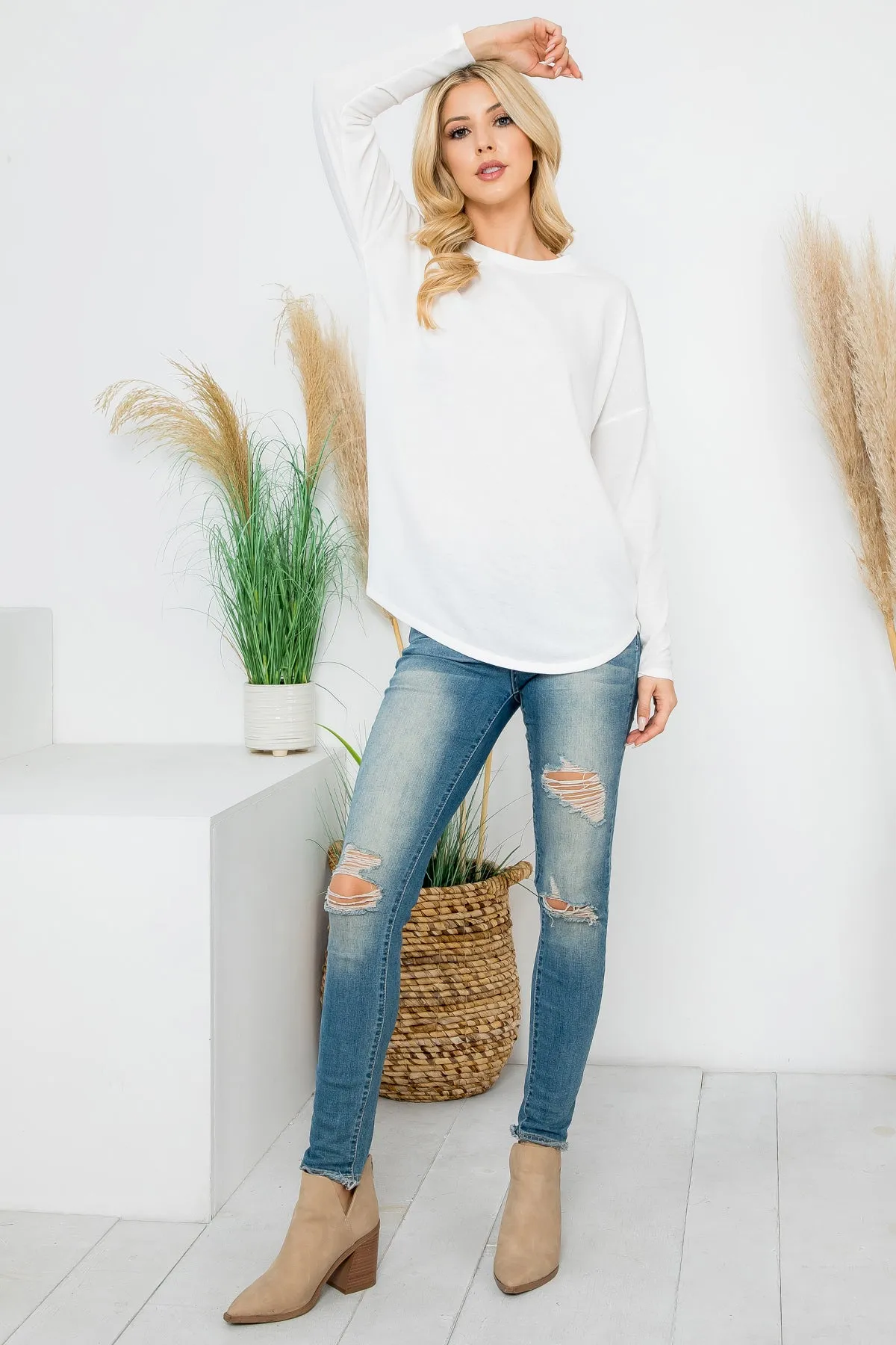 Long Sleeve French Terry Rounded Hem Top