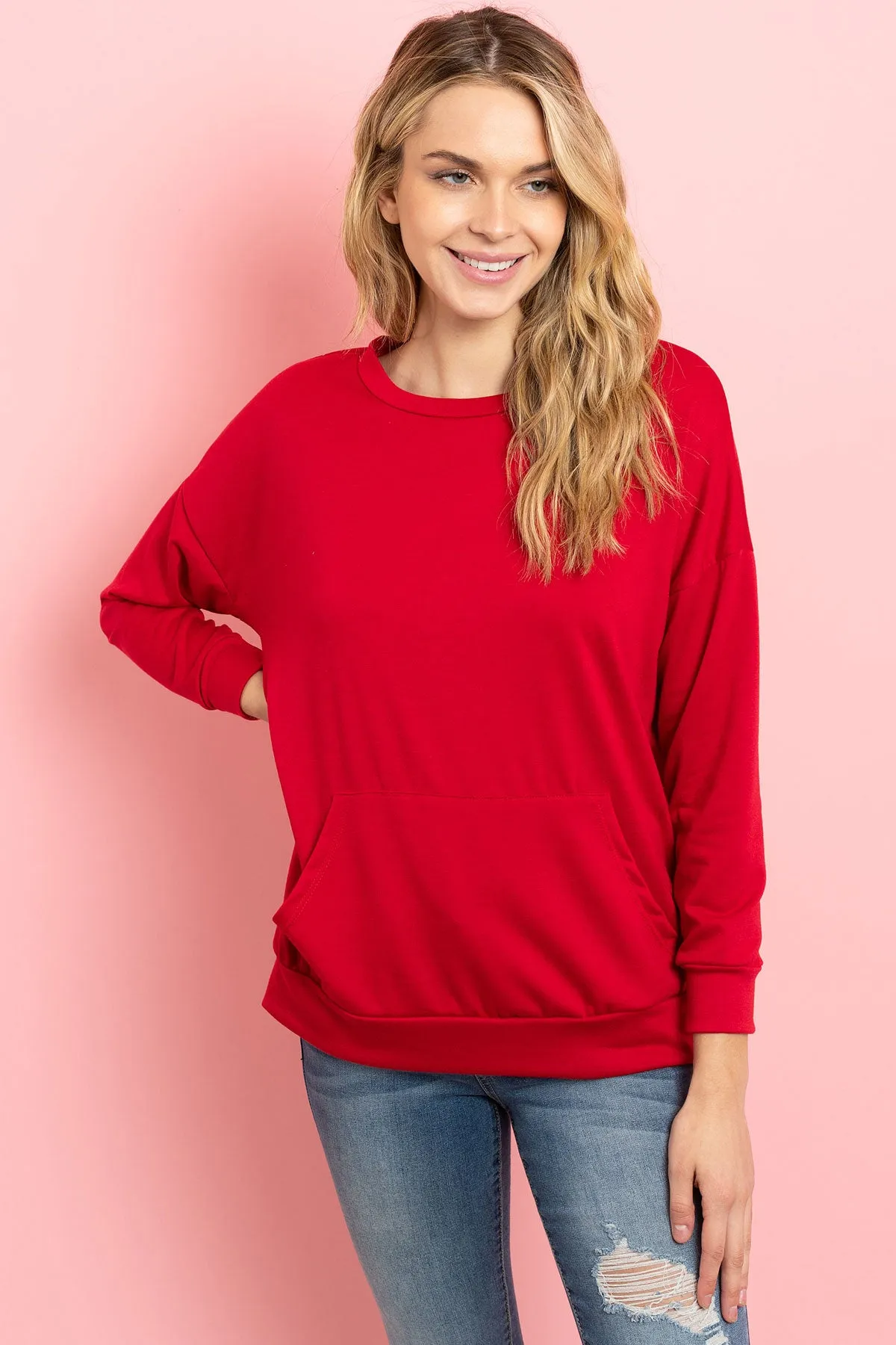 Long Sleeve French Terry Top With Kangaroo Pocket