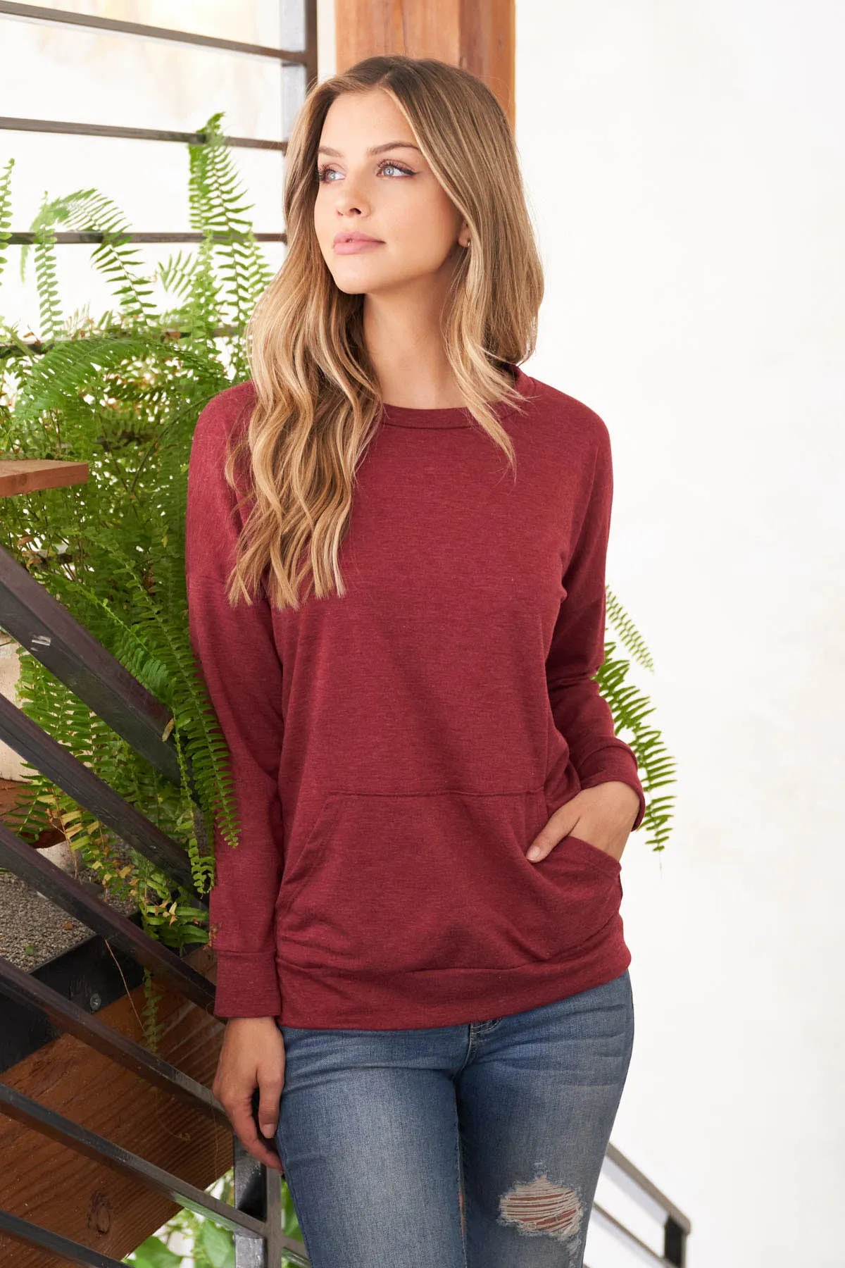 Long Sleeve French Terry Top With Kangaroo Pocket