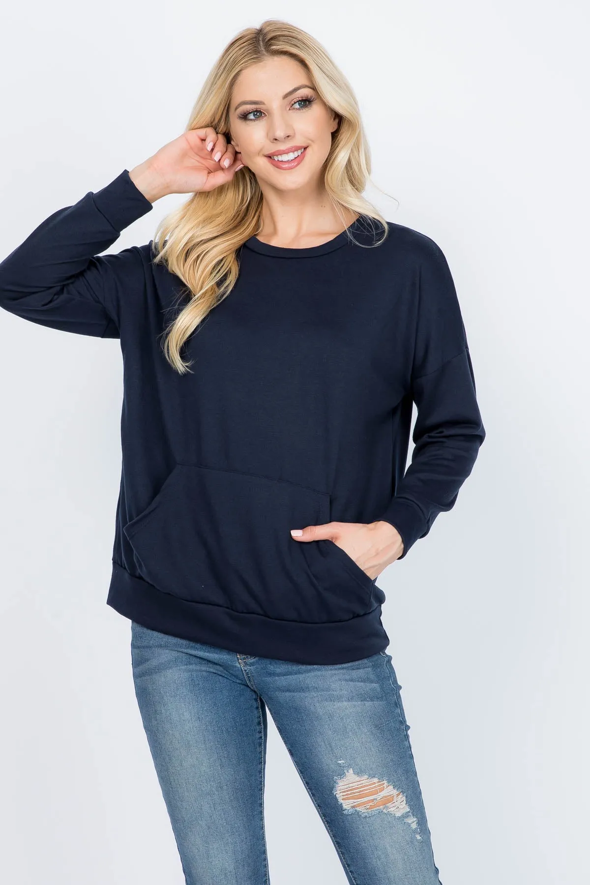 Long Sleeve French Terry Top With Kangaroo Pocket