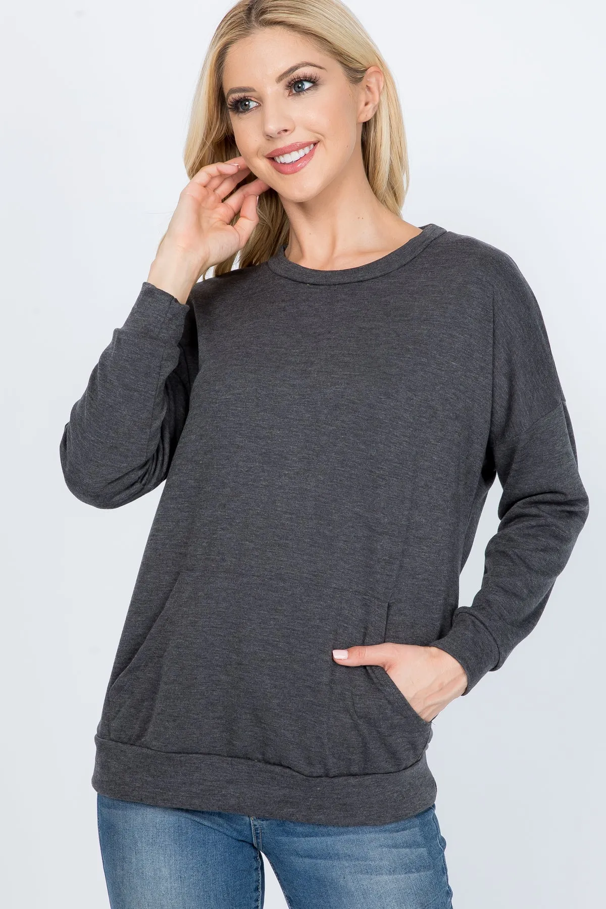 Long Sleeve French Terry Top With Kangaroo Pocket