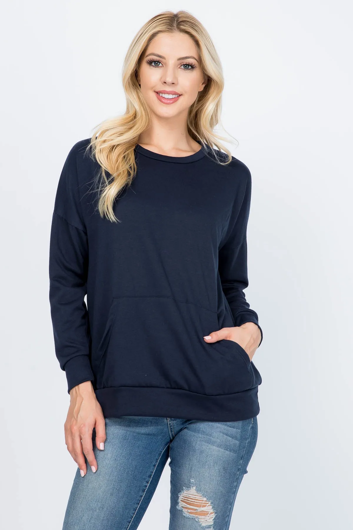 Long Sleeve French Terry Top With Kangaroo Pocket