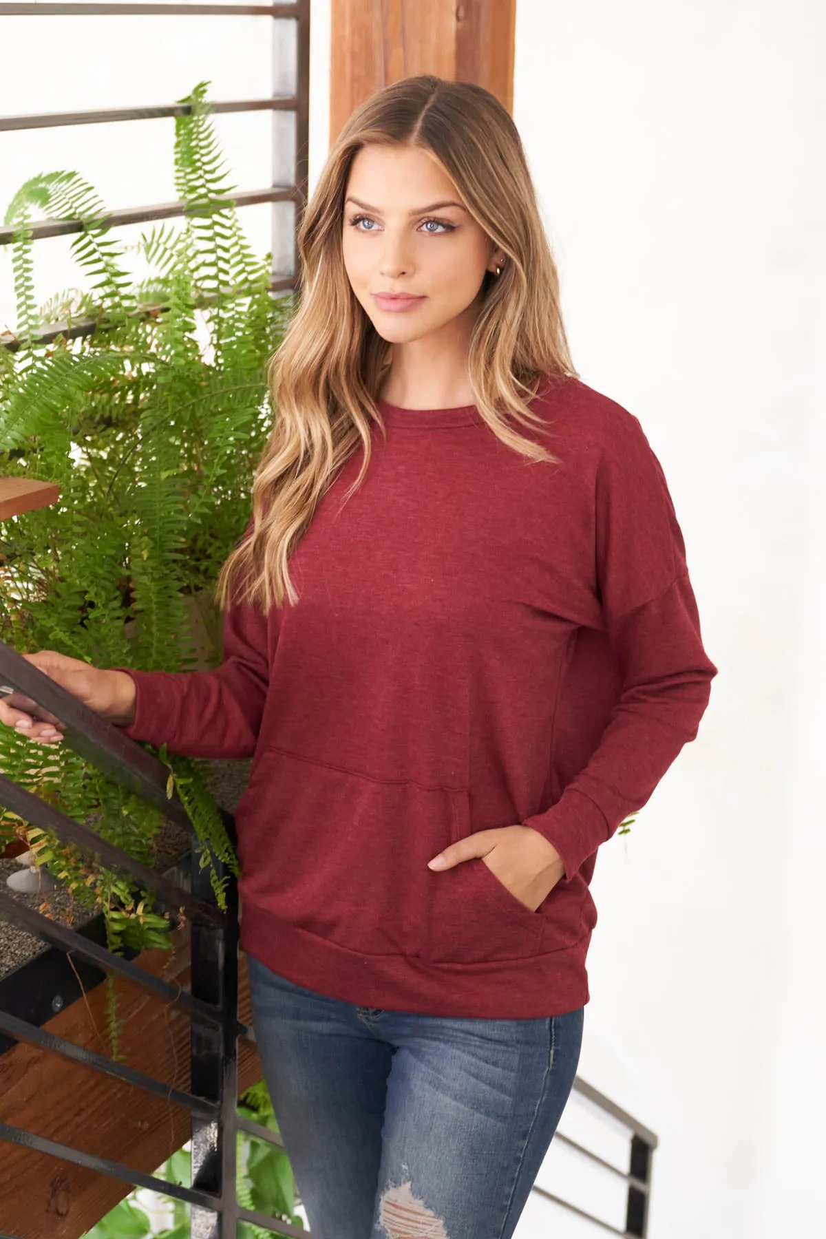 Long Sleeve French Terry Top With Kangaroo Pocket