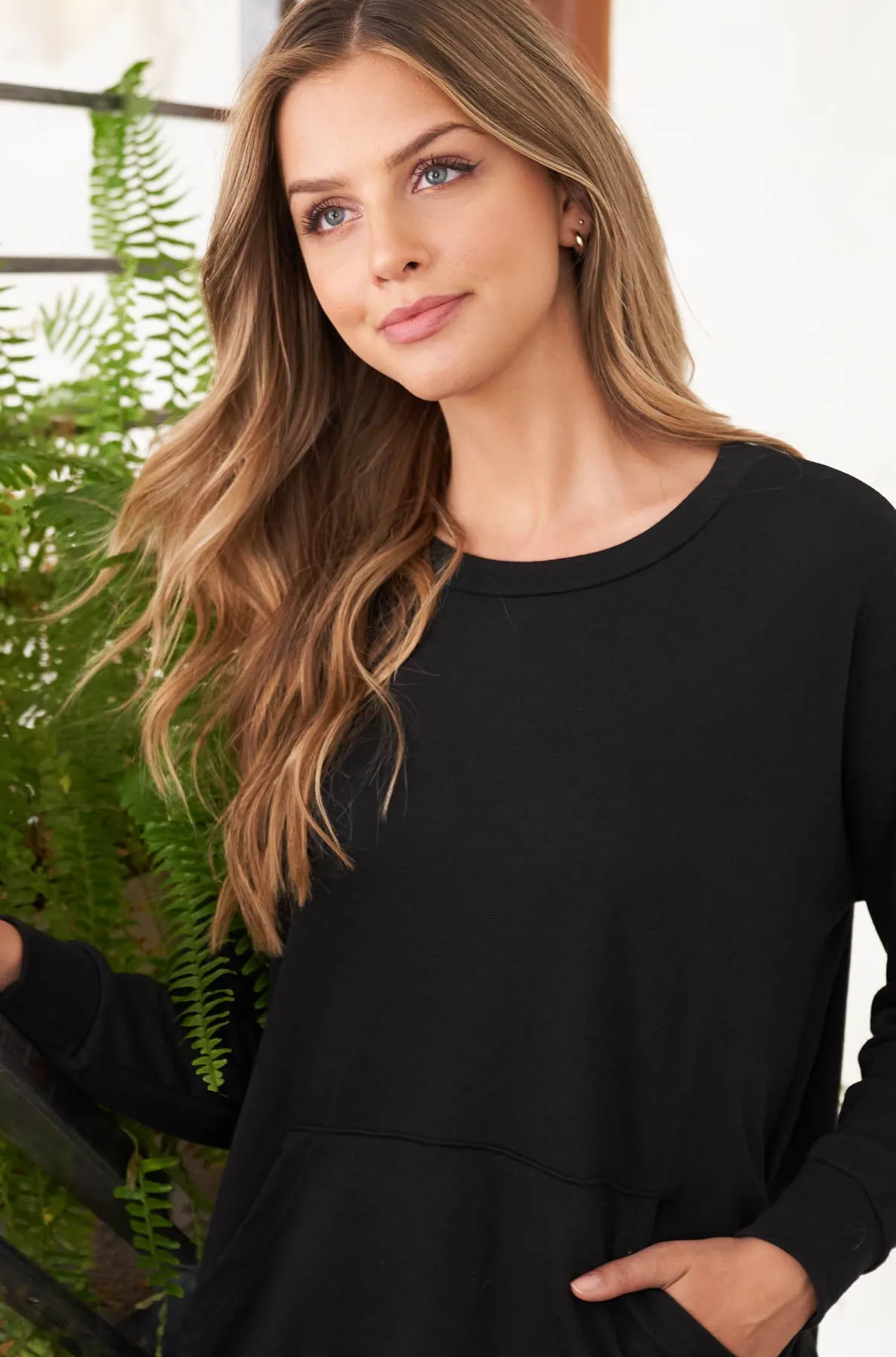 Long Sleeve French Terry Top With Kangaroo Pocket