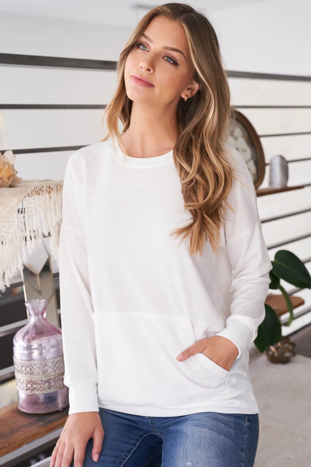 Long Sleeve French Terry Top With Kangaroo Pocket