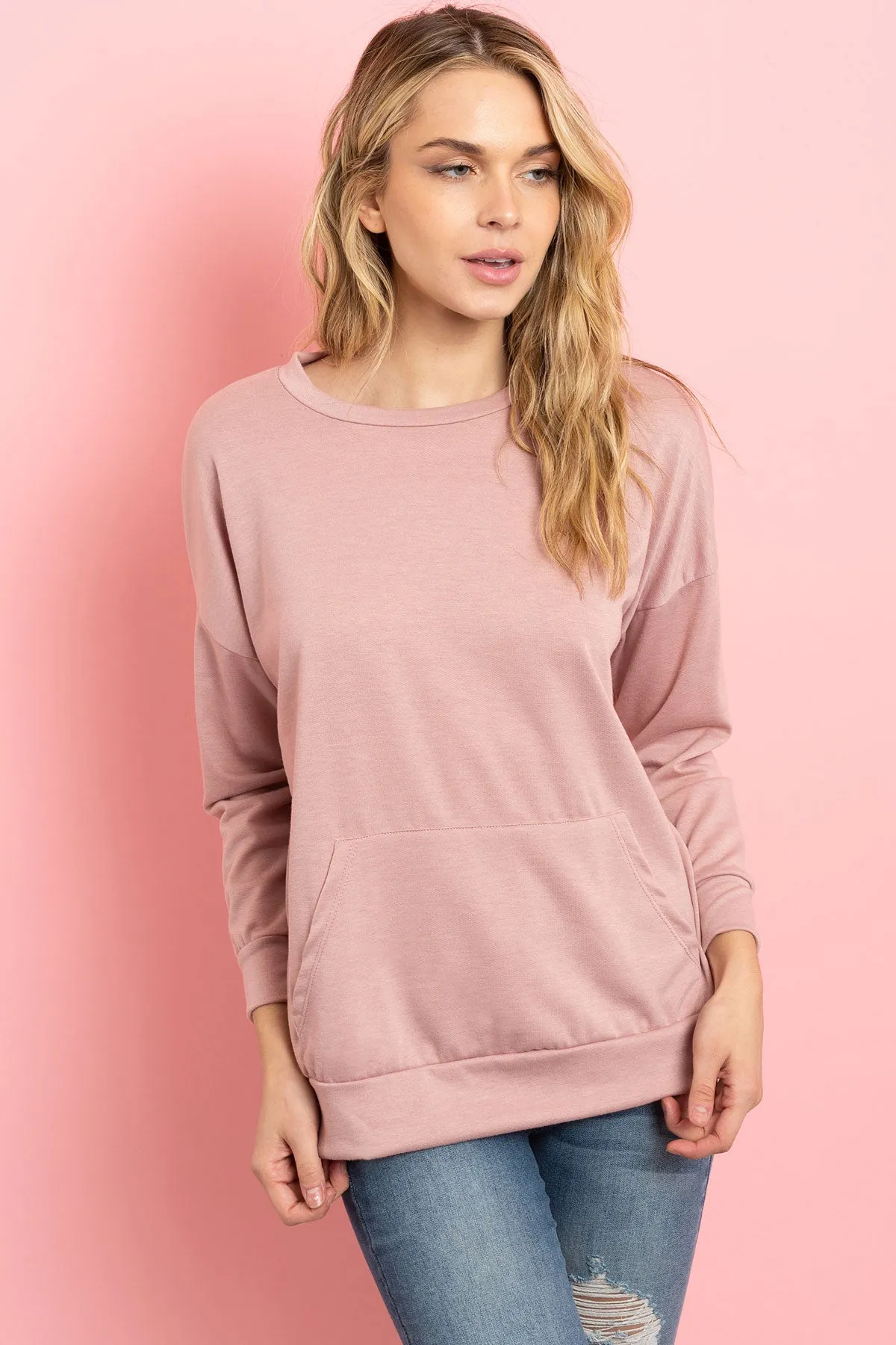 Long Sleeve French Terry Top With Kangaroo Pocket