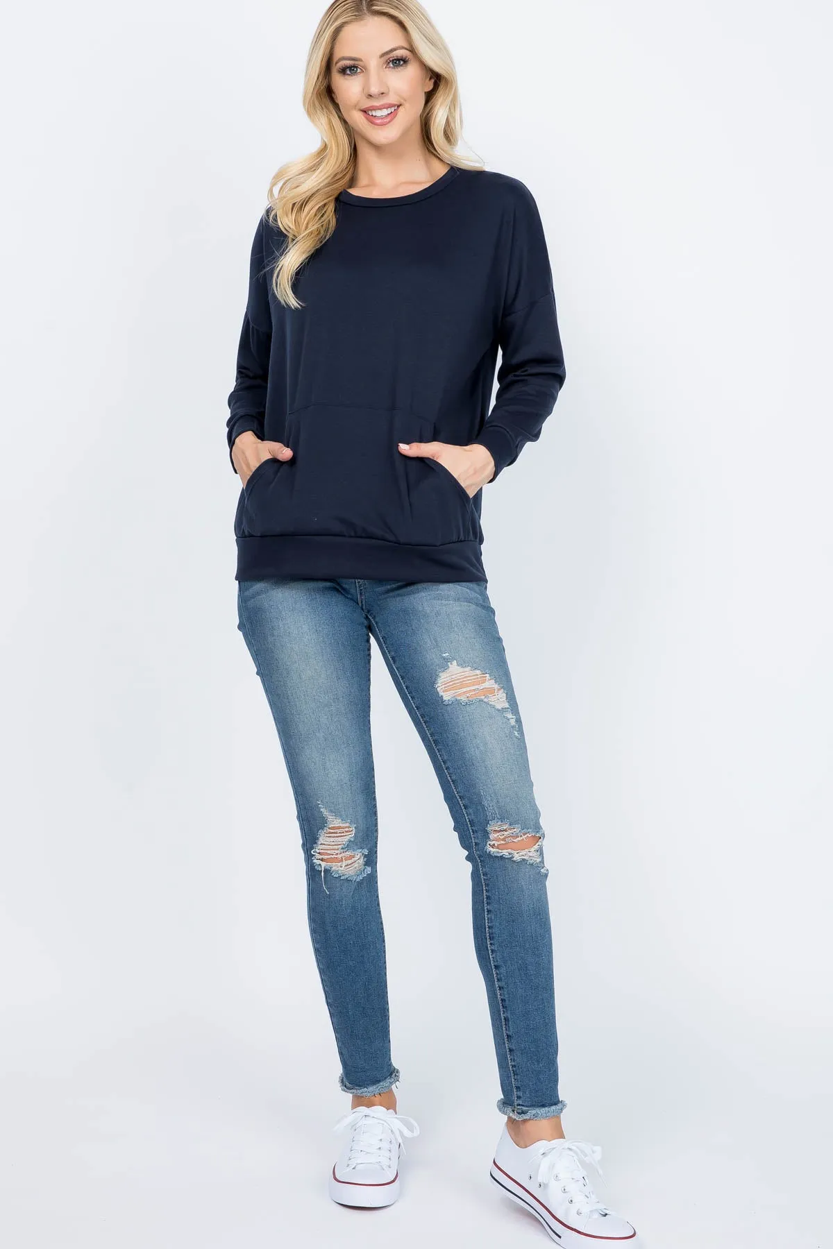 Long Sleeve French Terry Top With Kangaroo Pocket