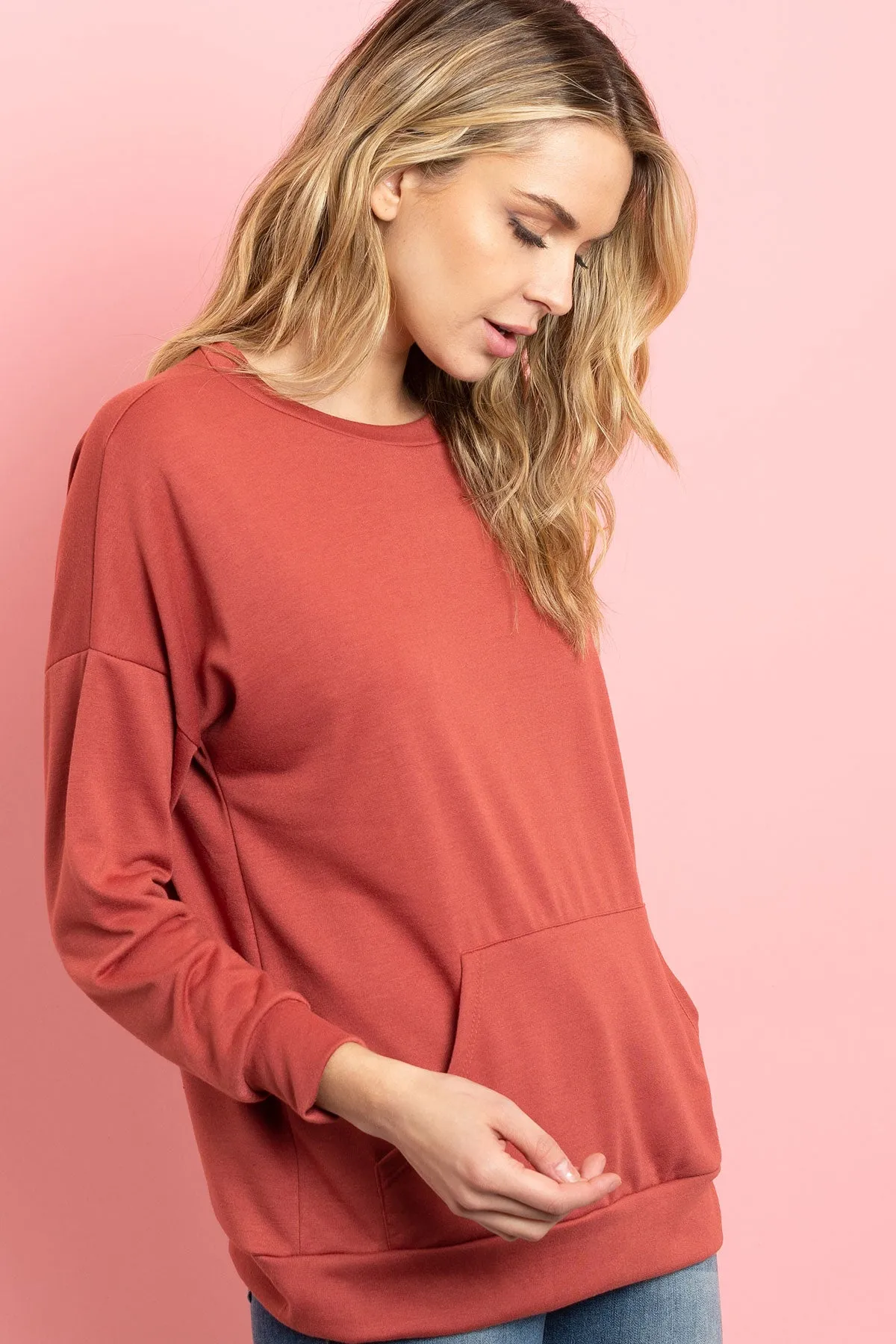 Long Sleeve French Terry Top With Kangaroo Pocket