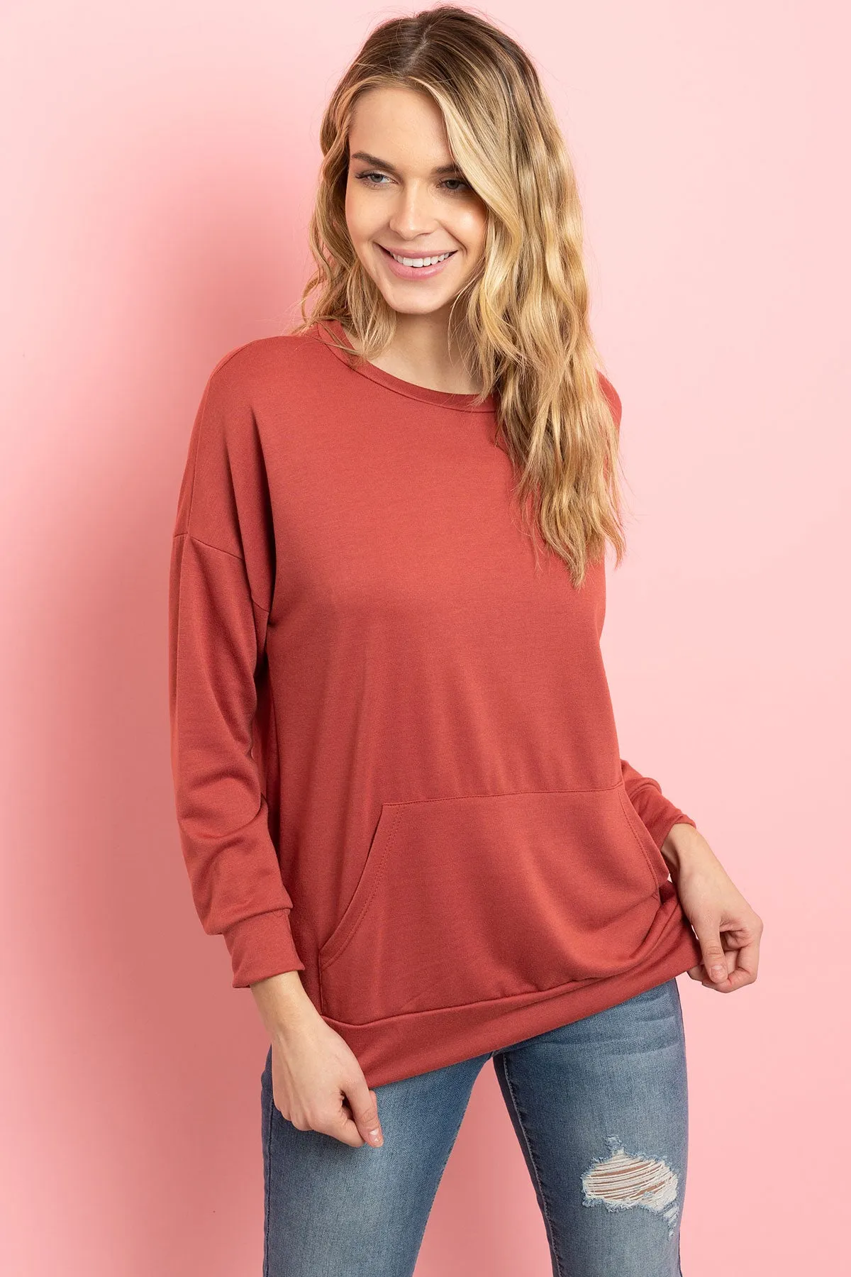 Long Sleeve French Terry Top With Kangaroo Pocket