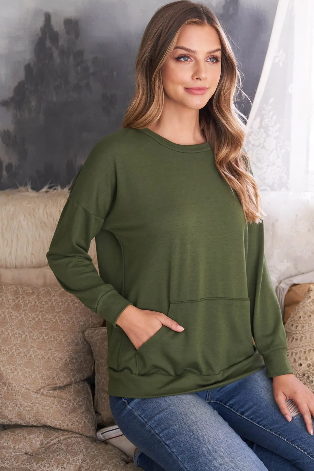 Long Sleeve French Terry Top With Kangaroo Pocket
