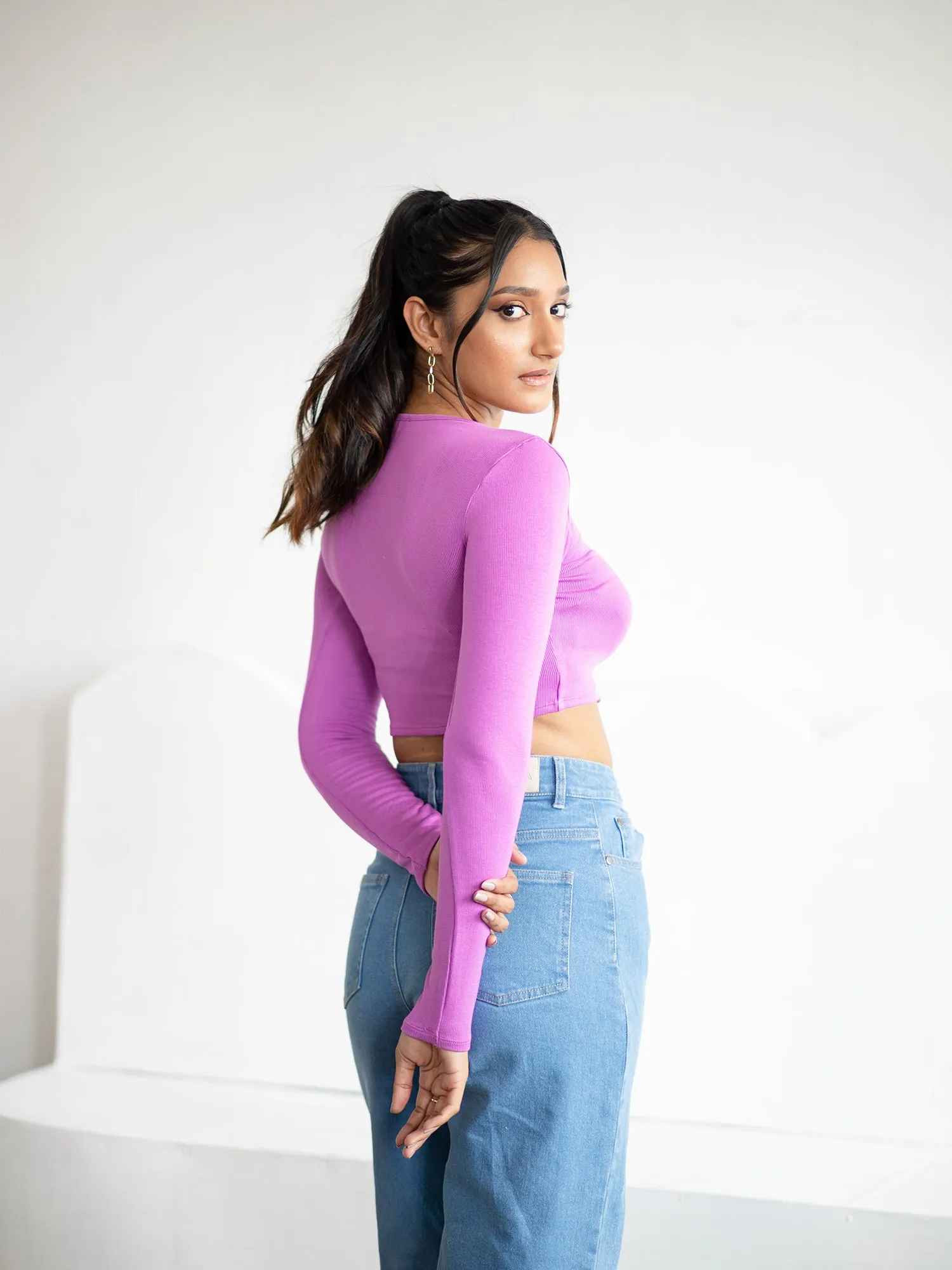 Long Sleeve Front Open Rib Top