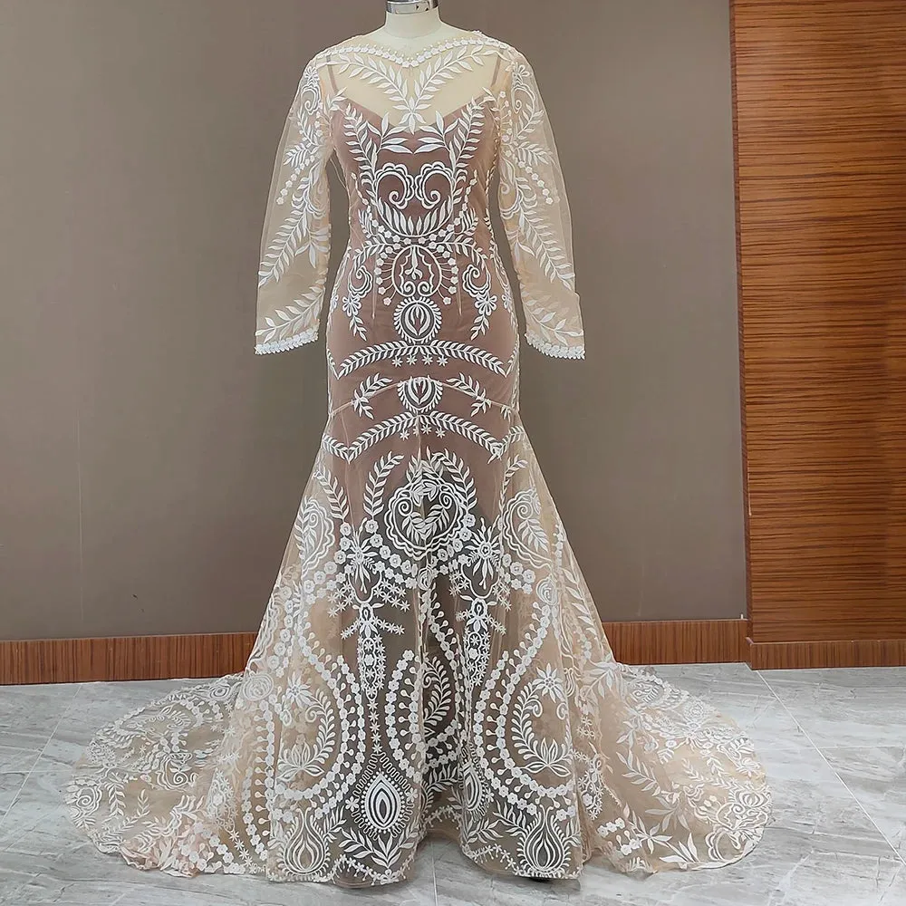 Long Sleeve V Neck Open Back Sweep Train Lace Wedding Dress Bride Gown