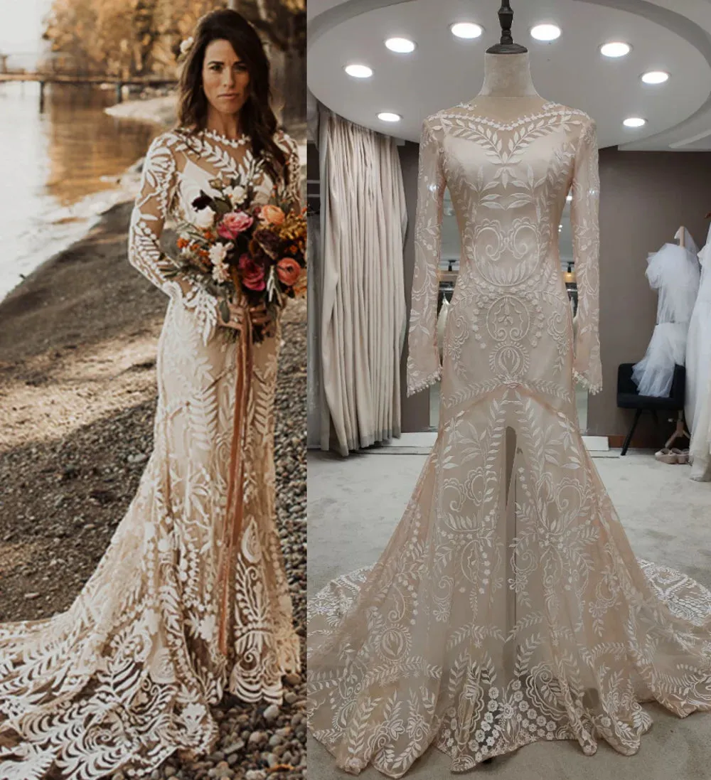 Long Sleeve V Neck Open Back Sweep Train Lace Wedding Dress Bride Gown