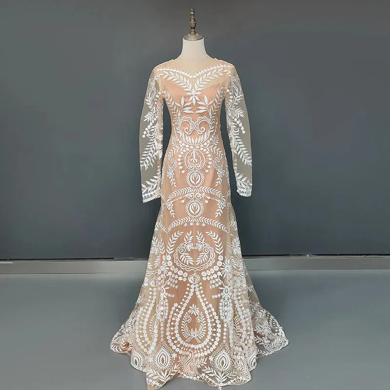 Long Sleeve V Neck Open Back Sweep Train Lace Wedding Dress Bride Gown