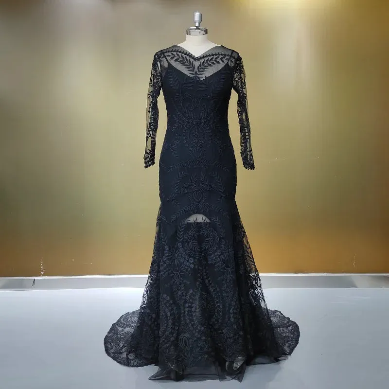 Long Sleeve V Neck Open Back Sweep Train Lace Wedding Dress Bride Gown