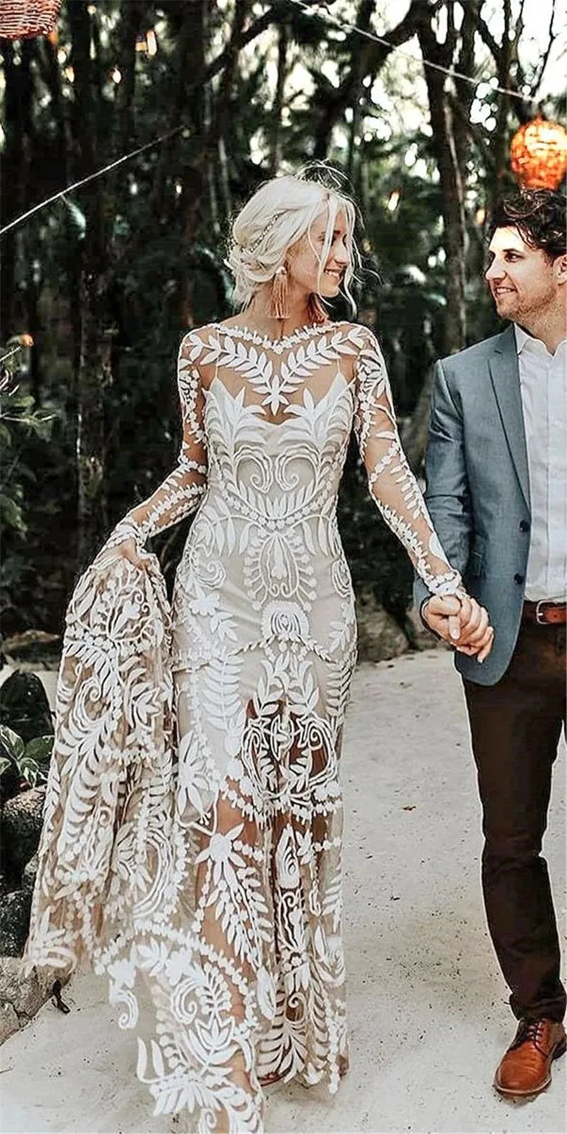 Long Sleeve V Neck Open Back Sweep Train Lace Wedding Dress Bride Gown