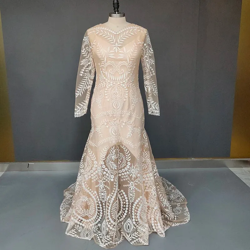 Long Sleeve V Neck Open Back Sweep Train Lace Wedding Dress Bride Gown