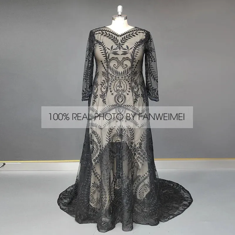 Long Sleeve V Neck Open Back Sweep Train Lace Wedding Dress Bride Gown