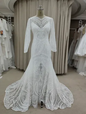 Long Sleeve V Neck Open Back Sweep Train Lace Wedding Dress Bride Gown