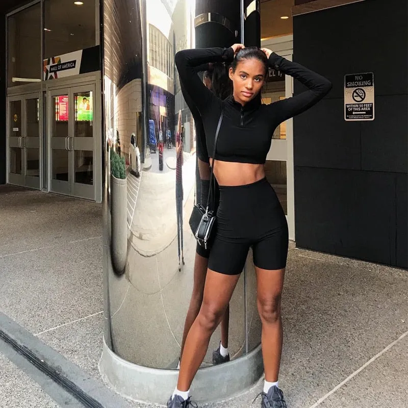 long sleeve zipper high neck elastic sexy crop tops shorts 2-pieces