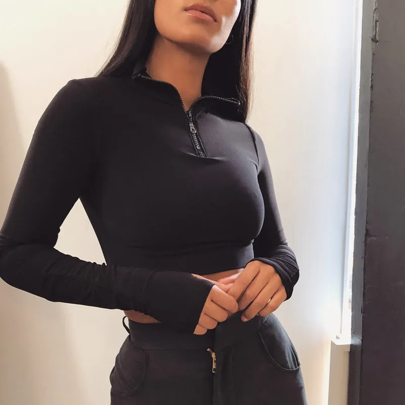 long sleeve zipper high neck elastic sexy crop tops shorts 2-pieces