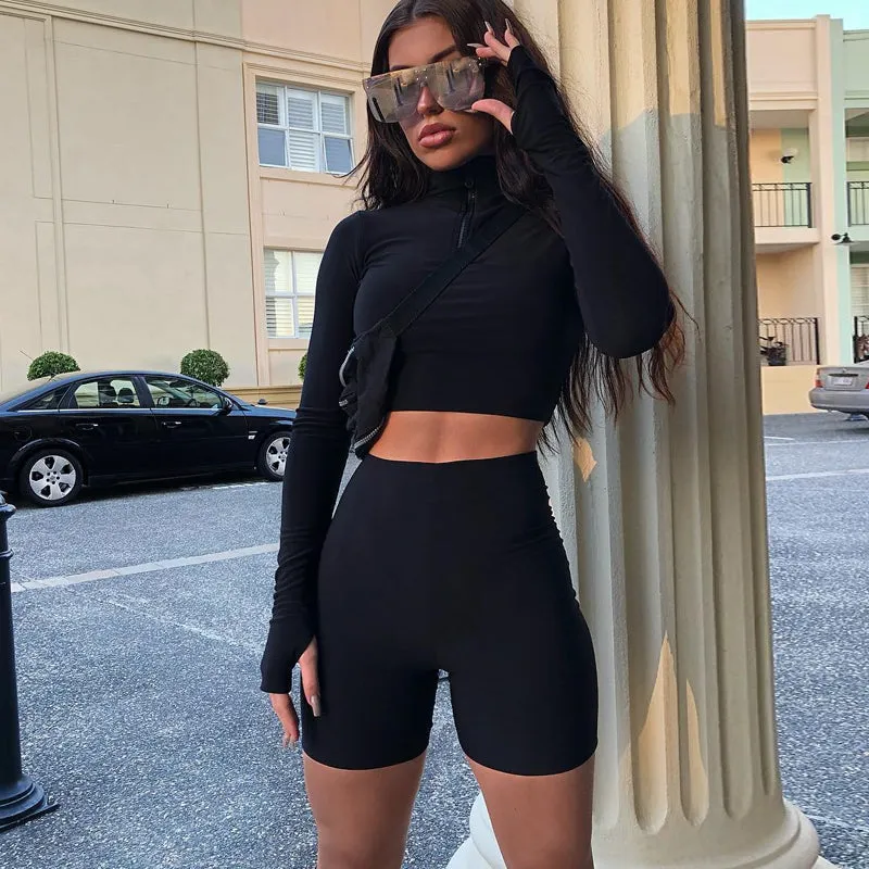 long sleeve zipper high neck elastic sexy crop tops shorts 2-pieces