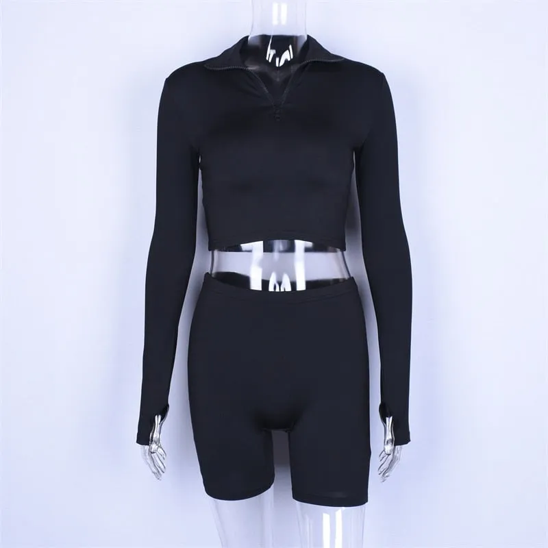 long sleeve zipper high neck elastic sexy crop tops shorts 2-pieces