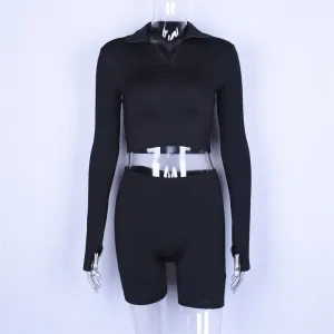 long sleeve zipper high neck elastic sexy crop tops shorts 2-pieces