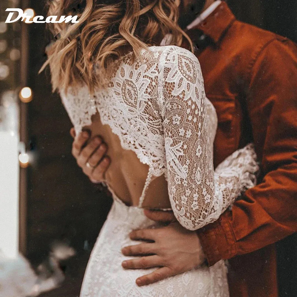 Long Sleeves Floral Lace V Neck Boho Wedding Dress Deep V Neck Open Back