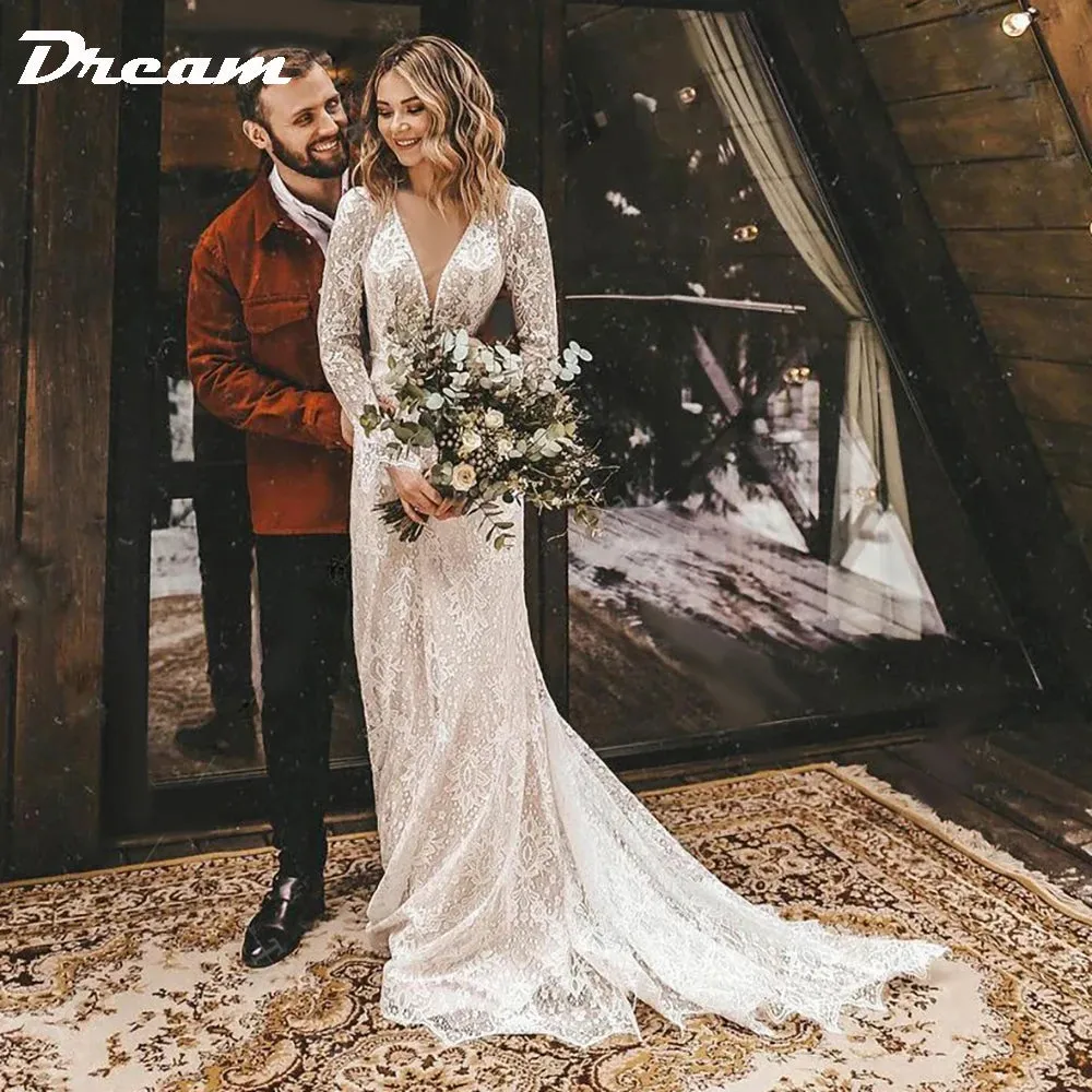 Long Sleeves Floral Lace V Neck Boho Wedding Dress Deep V Neck Open Back