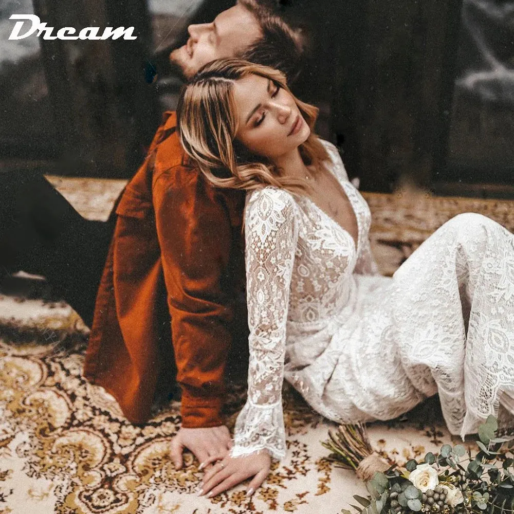 Long Sleeves Floral Lace V Neck Boho Wedding Dress Deep V Neck Open Back