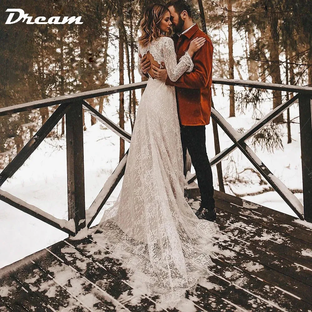 Long Sleeves Floral Lace V Neck Boho Wedding Dress Deep V Neck Open Back