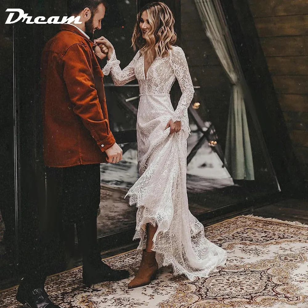 Long Sleeves Floral Lace V Neck Boho Wedding Dress Deep V Neck Open Back