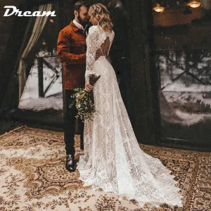Long Sleeves Floral Lace V Neck Boho Wedding Dress Deep V Neck Open Back