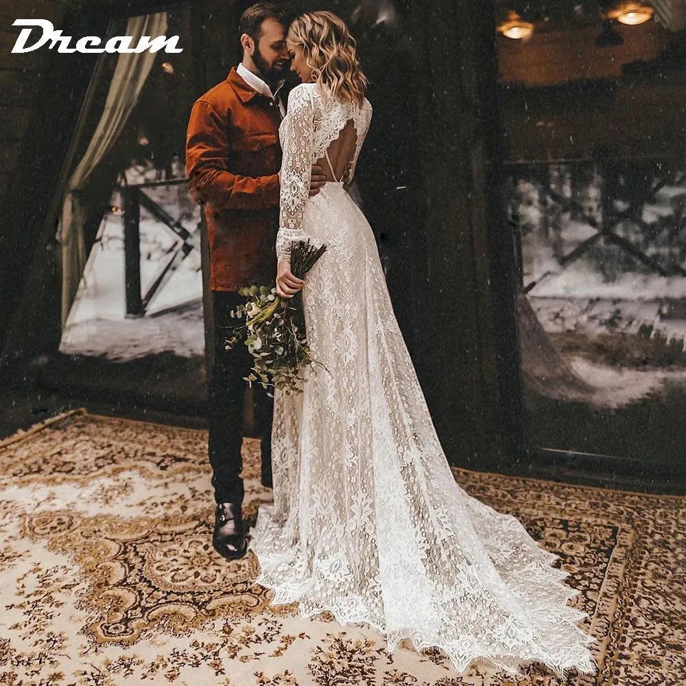 Long Sleeves Floral Lace V Neck Boho Wedding Dress Deep V Neck Open Back