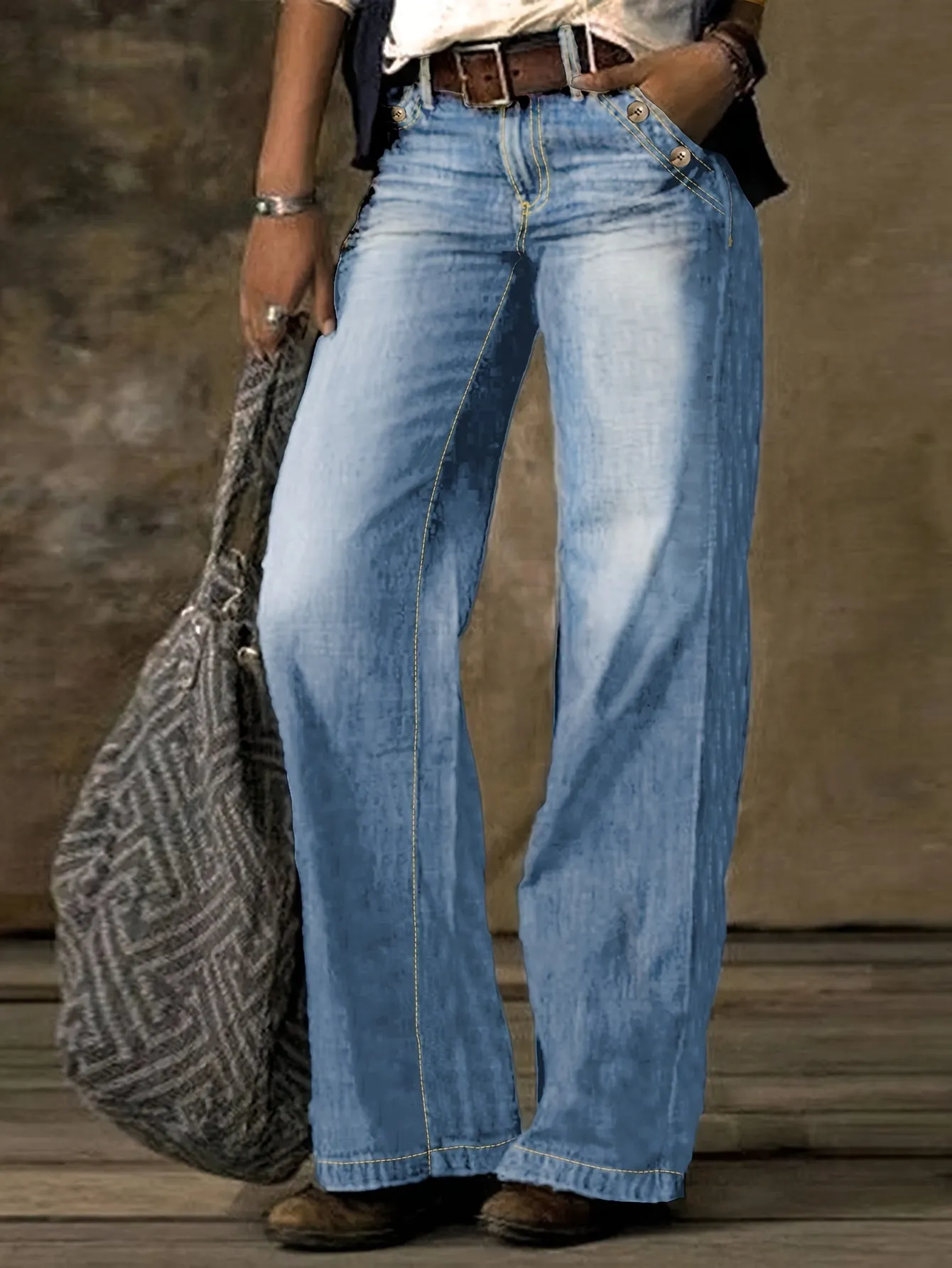 Loose Fit Washed Blue Casual Denim Pants – Women’s Straight Leg Jeans