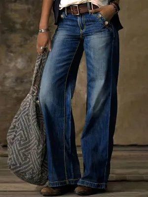 Loose Fit Washed Blue Casual Denim Pants – Women’s Straight Leg Jeans