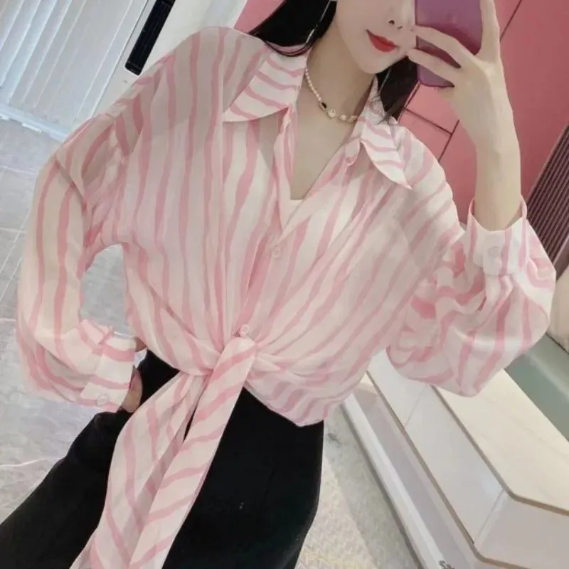 Loose Long sleeve Letter Striped Button Cardigan Shirt Tops