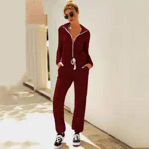 Lossky Autumn Winter Jumpsuit Zipper Womens Long Sleeve Rompers Solid Casual Long Pants Slim Jumpsuit Ladies Sets Leisure