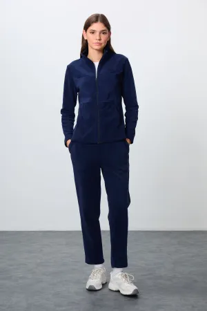 <tc>Ensemble de survêtement pour femme en polaire à col montant oversize avec broderie, à texture douce et épaisse - Bleu marine - 95339

</tc>